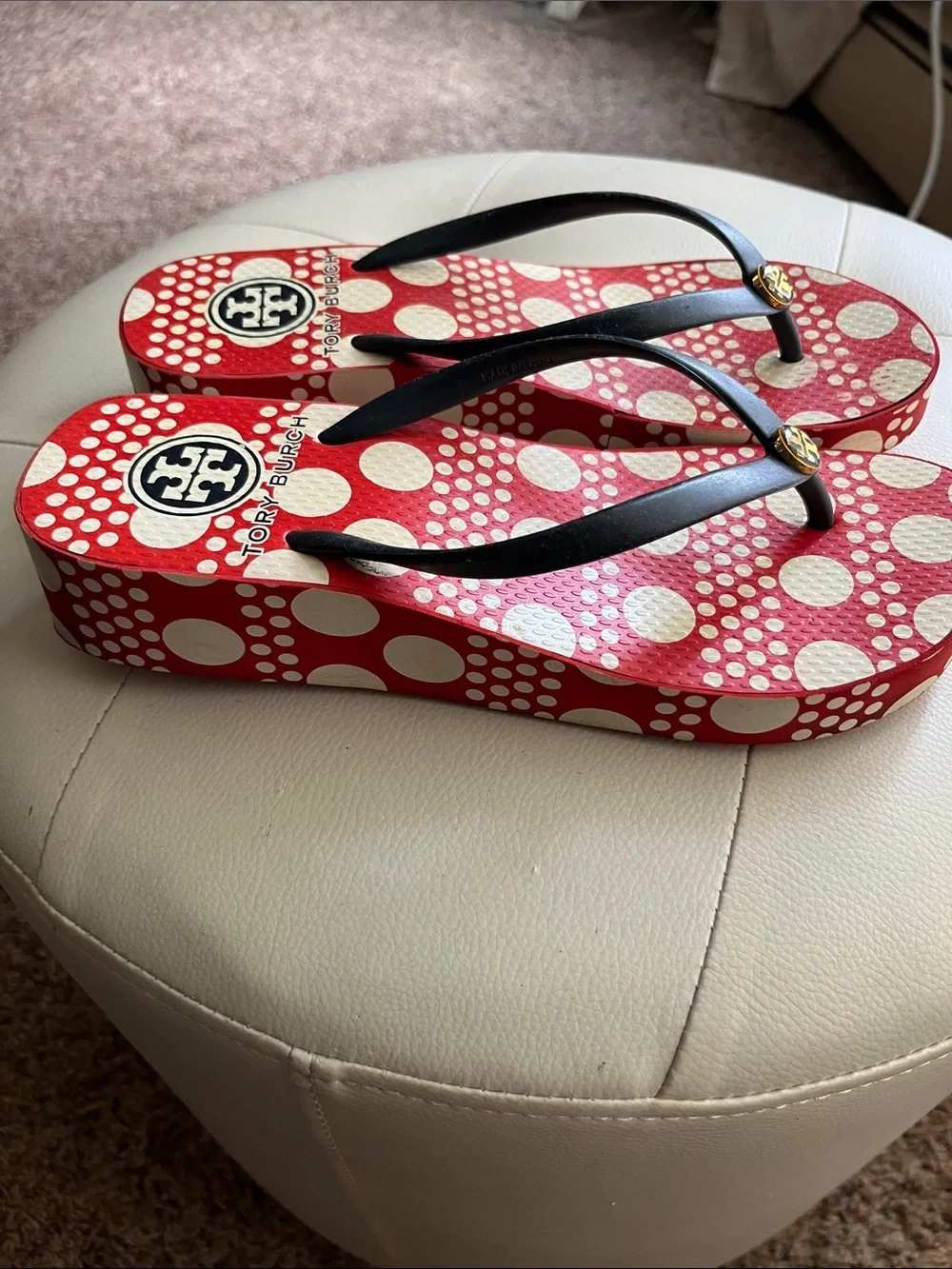 Tory Burch Red & Cream Polka Dot Flip Flop Sandals with Blue straps